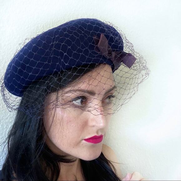 Vintage Glencove Navy Blue & Purple 100% Wool Bumper Beret Hat - Picture 2 of 8